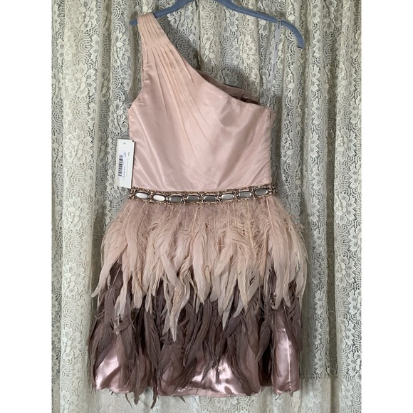 Jovani Dresses & Skirts - Jovani Asymmetrical Feathered Mini Dress in Cream and Brown